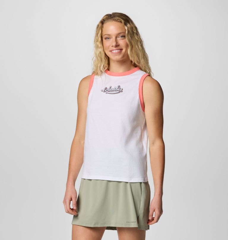 Women's Rolling Bend Graphic Ringer Tank, Color: White, Elevated Script, image 3