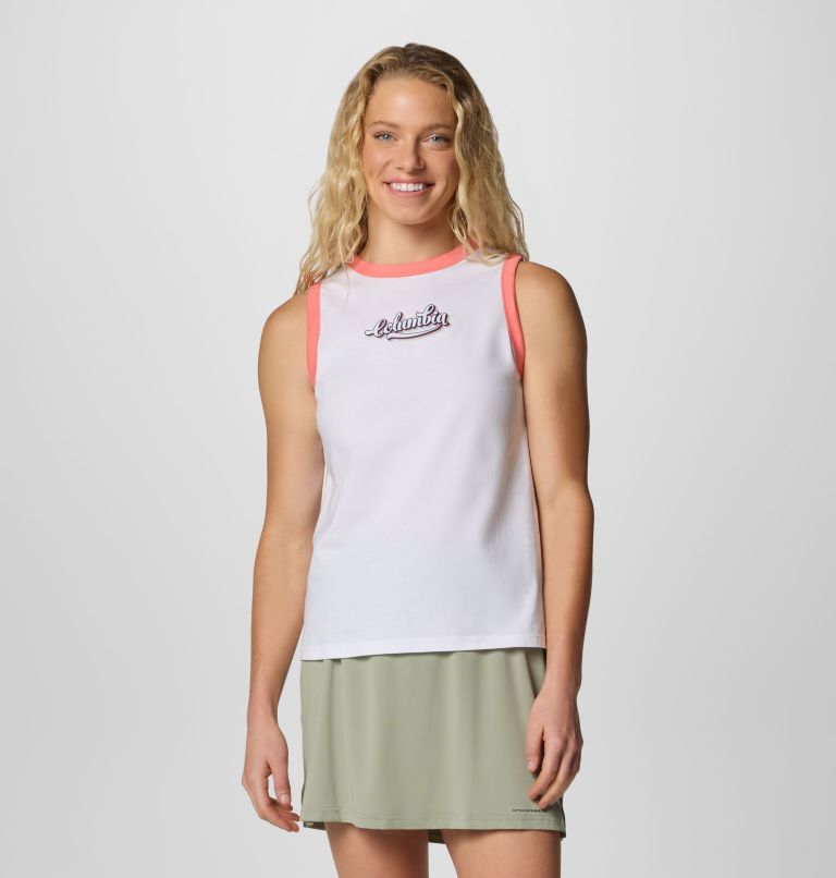 Women's Rolling Bend Graphic Ringer Tank, Color: White, Elevated Script, image 1