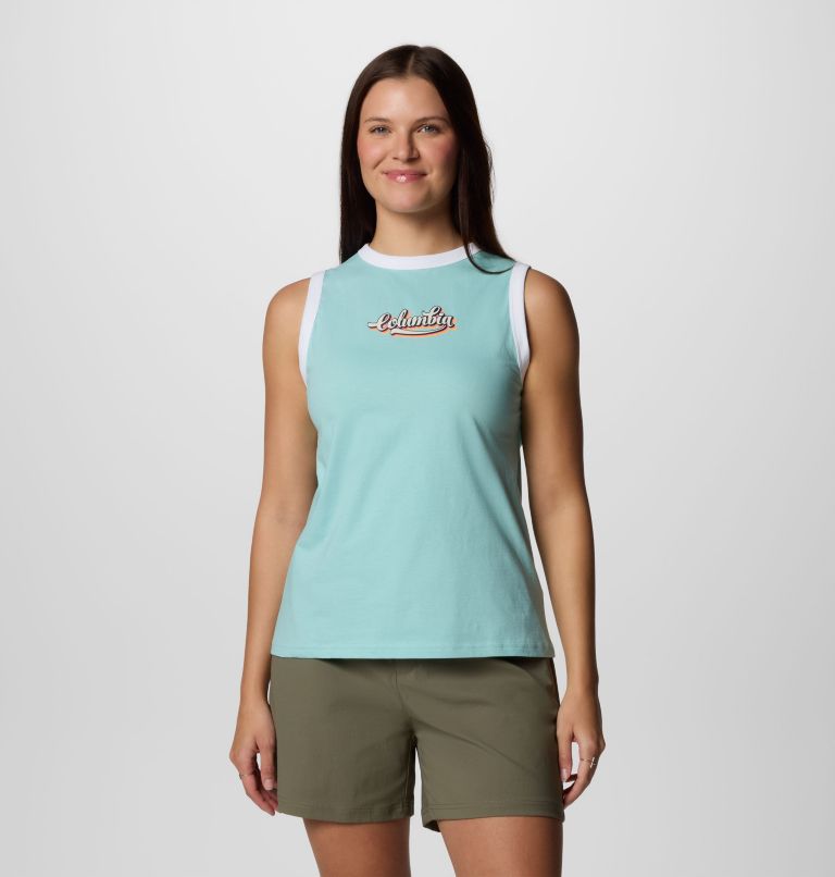 Women's Rolling Bend Graphic Ringer Tank, Color: Spray, Elevated Script, image 1