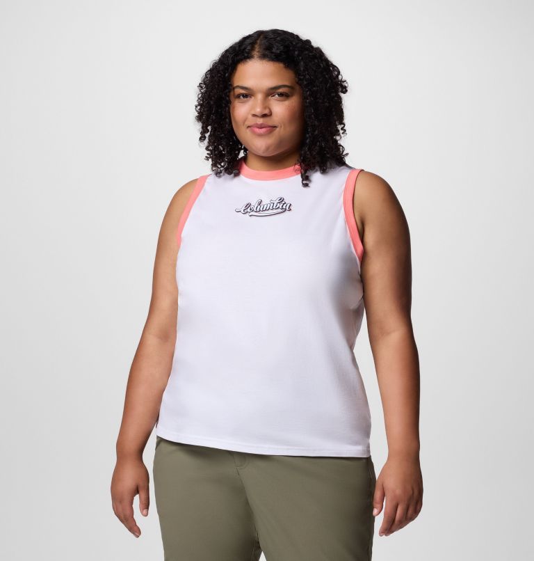 Women's Rolling Bend Graphic Ringer Tank - Plus Size, Color: White, Elevated Script, image 1