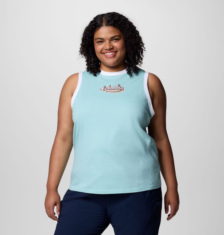 Women's Rolling Bend Graphic Ringer Tank - Plus Size, Color: Spray, Elevated Script, image 1