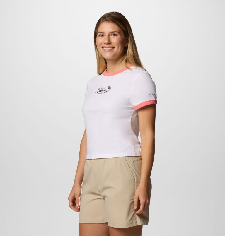 Women's Rolling Bend Graphic Ringer T-Shirt, Color: White, Elevated Script, image 3