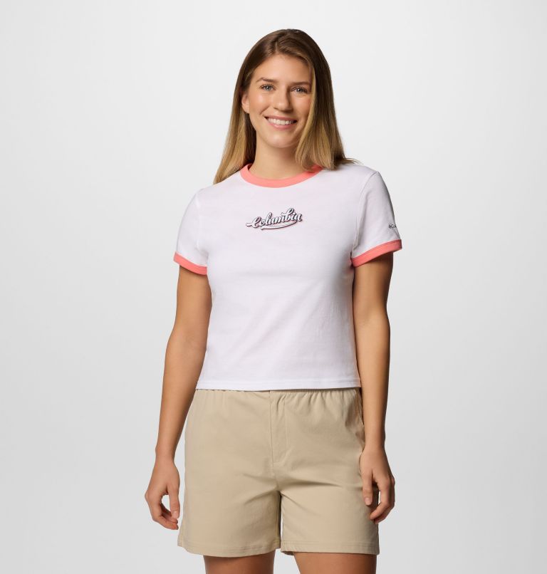 Women's Rolling Bend Graphic Ringer T-Shirt, Color: White, Elevated Script, image 1