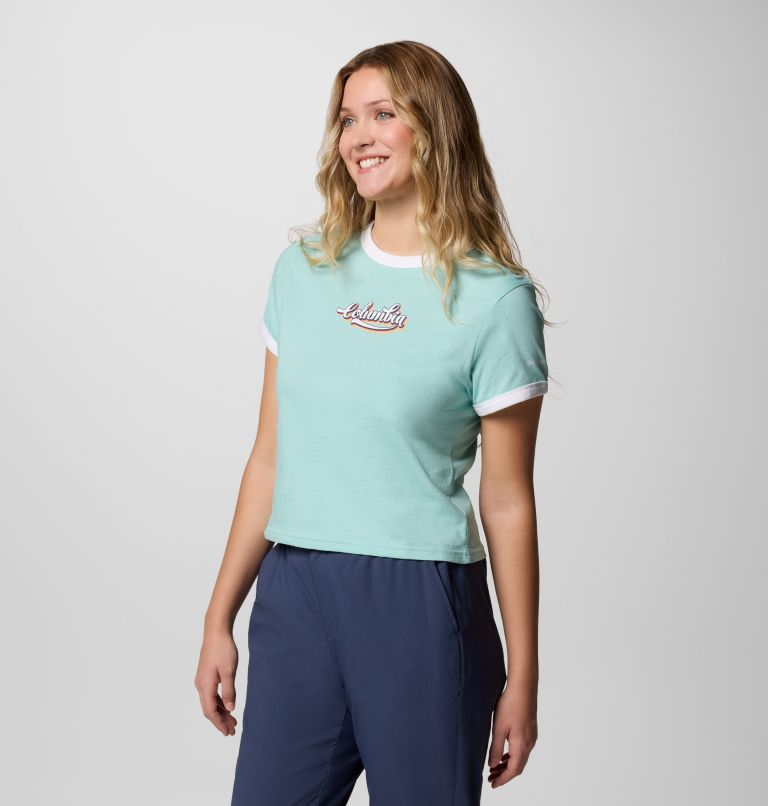 Camiseta con cuello redondo y estampado Rolling Bend para mujer, Color: Spray, Elevated Script, image 3