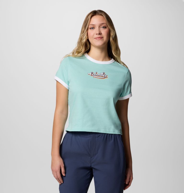Camiseta con cuello redondo y estampado Rolling Bend para mujer, Color: Spray, Elevated Script, image 1