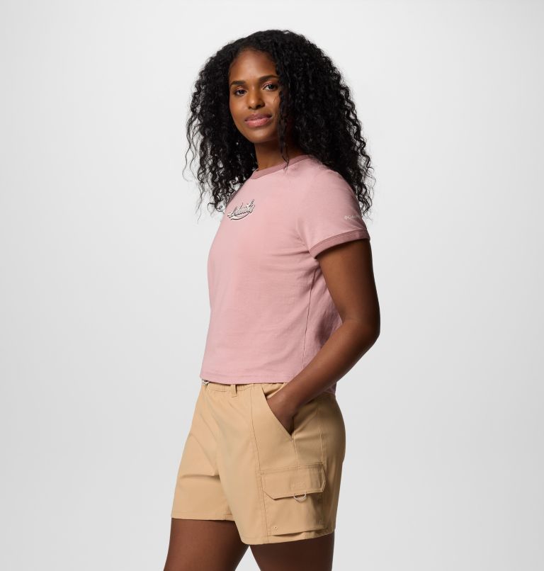 Camiseta con cuello redondo y estampado Rolling Bend para mujer, Color: Eraser Pink, Elevated Script, image 3