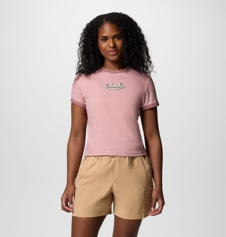 Camiseta con cuello redondo y estampado Rolling Bend para mujer, Color: Eraser Pink, Elevated Script, image 1