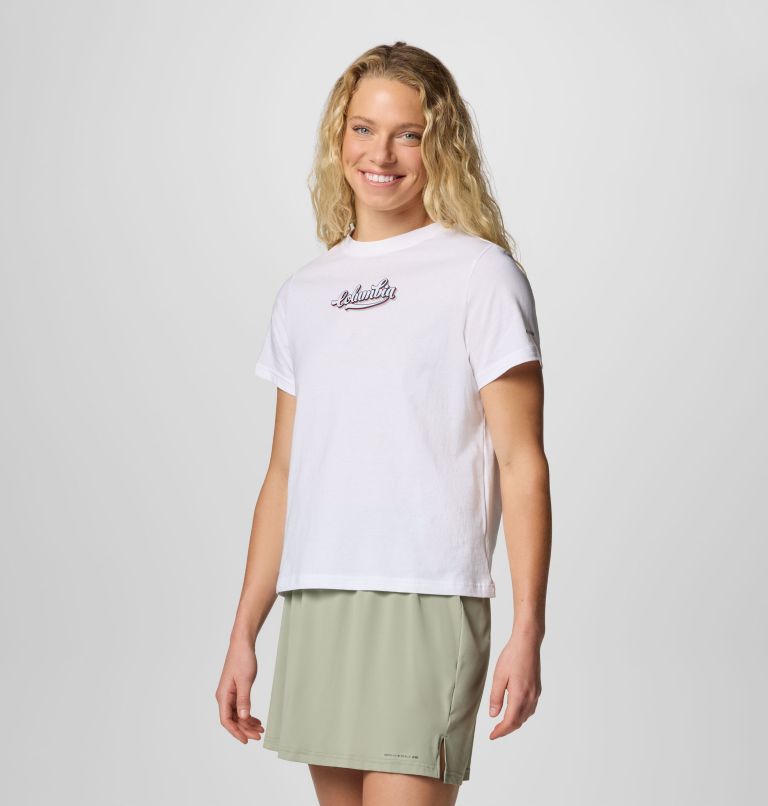 Women's Rolling Bend Graphic Short Sleeve Shirt, Color: White, Elevated Script, image 3