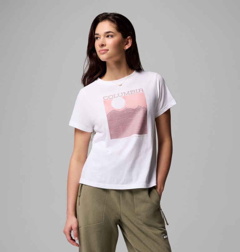 Women's Rolling Bend Graphic T-Shirt, Color: White, Framed Linescape, image 1