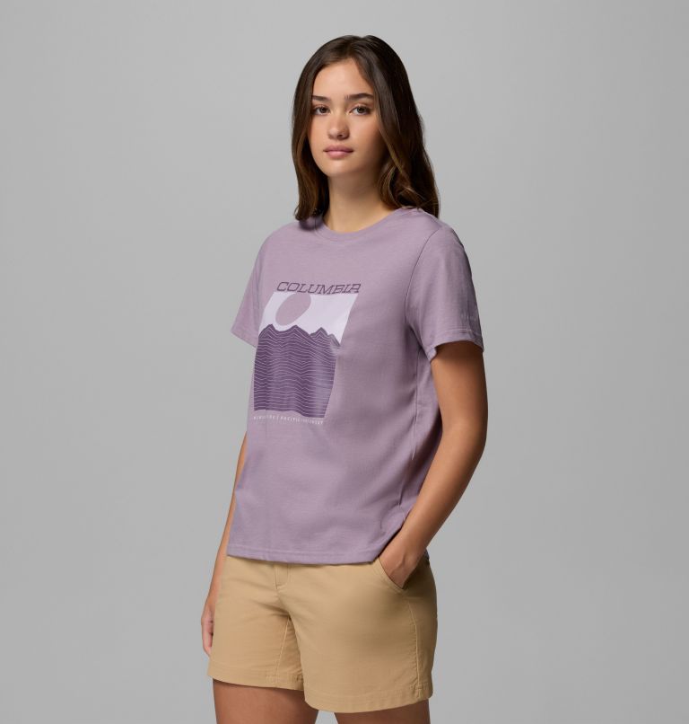 Women's Rolling Bend Graphic Short Sleeve Shirt, Color: Shale Purple, Framed Linescape, image 4