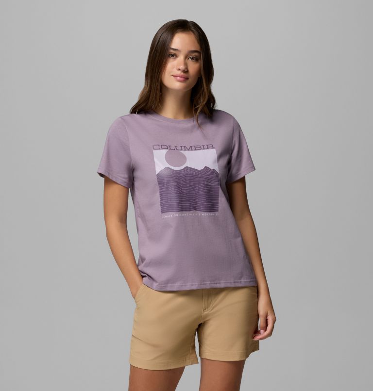 Women's Rolling Bend Graphic Short Sleeve Shirt, Color: Shale Purple, Framed Linescape, image 1