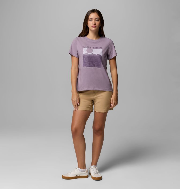 Women's Rolling Bend Graphic Short Sleeve Shirt, Color: Shale Purple, Framed Linescape, image 2