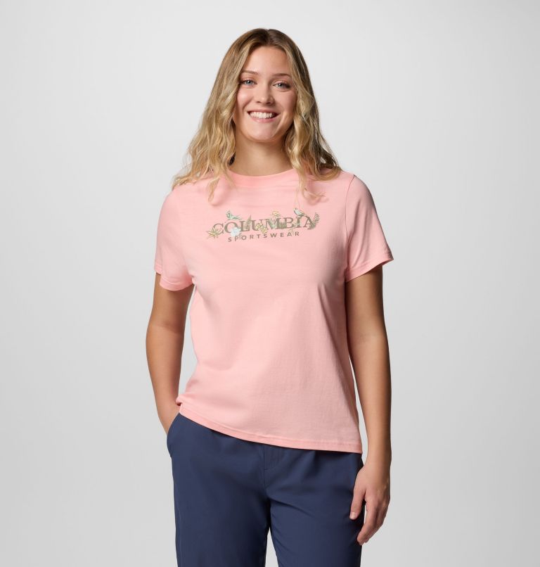 Women's Rolling Bend Graphic Short Sleeve Shirt, Color: Pink Sand, Outback Critters, image 1