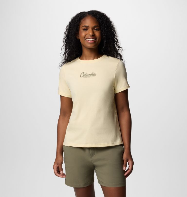 Women's Rolling Bend Graphic Short Sleeve Shirt, Color: Lemon Wash, Scripted Brand, image 1