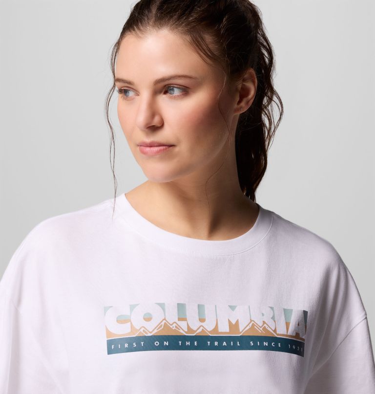 Women's Rolling Bend Graphic Oversized T-Shirt, Color: White, First On Trail, image 5