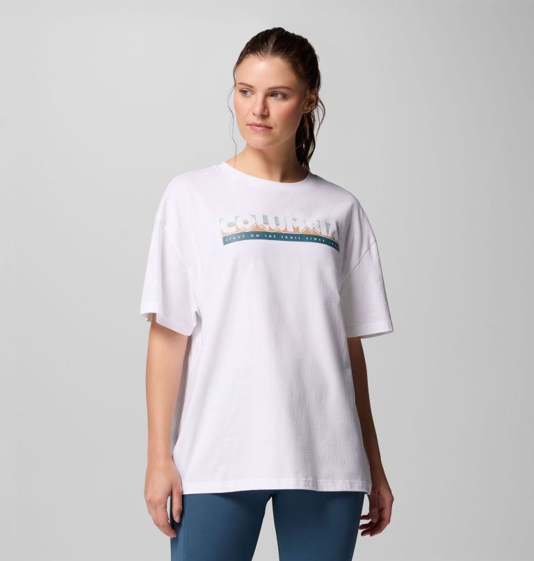 Women's Rolling Bend Graphic Oversized T-Shirt, Color: White, First On Trail, image 1