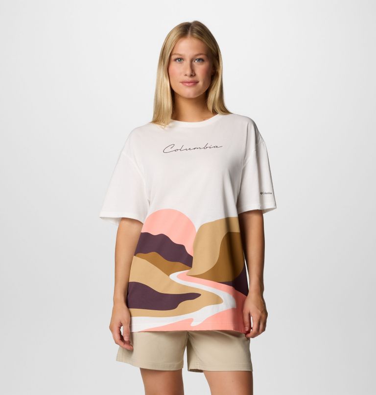 Women's Rolling Bend Graphic Oversized T-Shirt, Color: Sea Salt, Trailscape, image 1