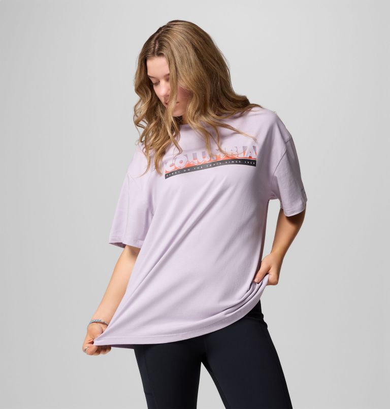 Women's Rolling Bend Graphic Oversized T-Shirt, Color: Lavender Pearl, First On Trail, image 6