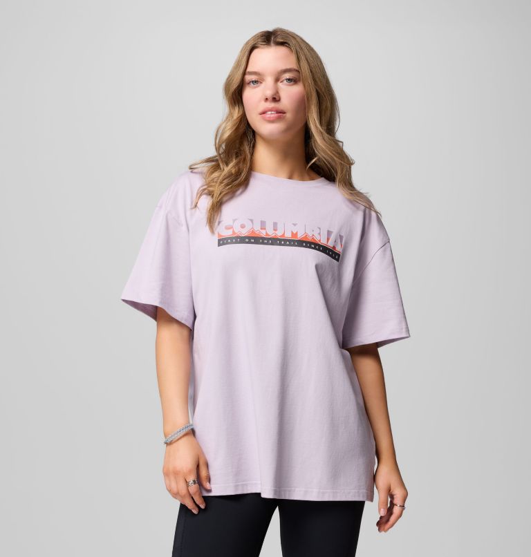 Women's Rolling Bend Graphic Oversized T-Shirt, Color: Lavender Pearl, First On Trail, image 1