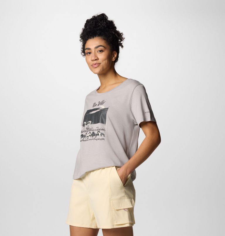 Women's Ruby Springs Graphic Scoop Neck Short Sleeve Shirt, Color: Columbia Grey Heather, Running Free, image 3