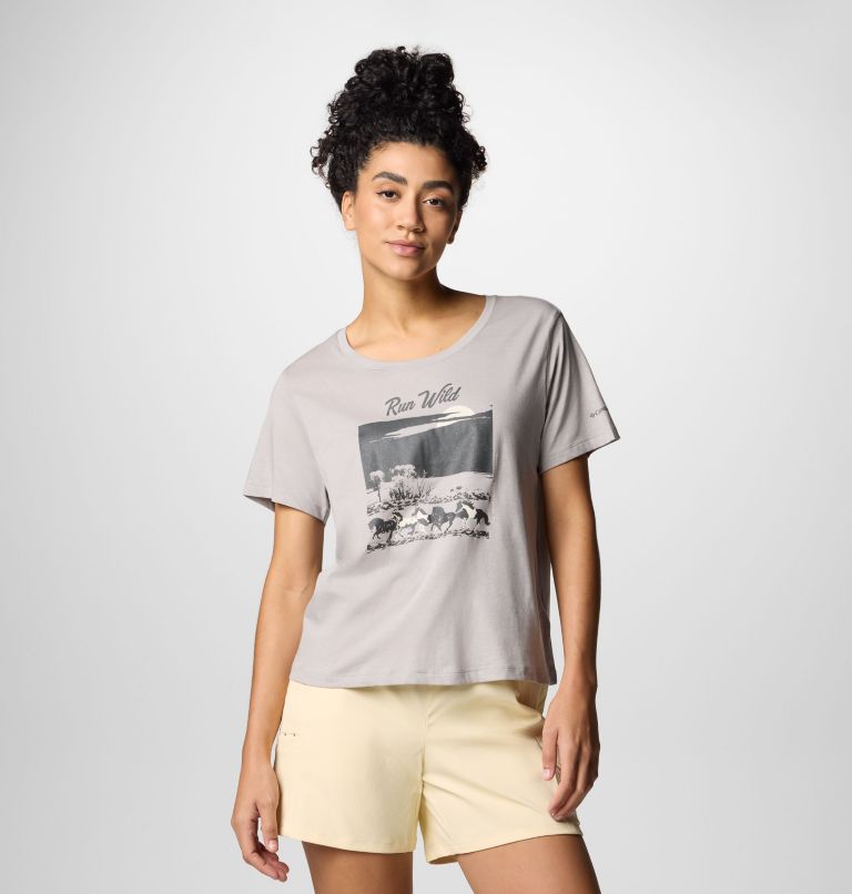 Women's Ruby Springs Graphic Scoop Neck Short Sleeve Shirt, Color: Columbia Grey Heather, Running Free, image 1