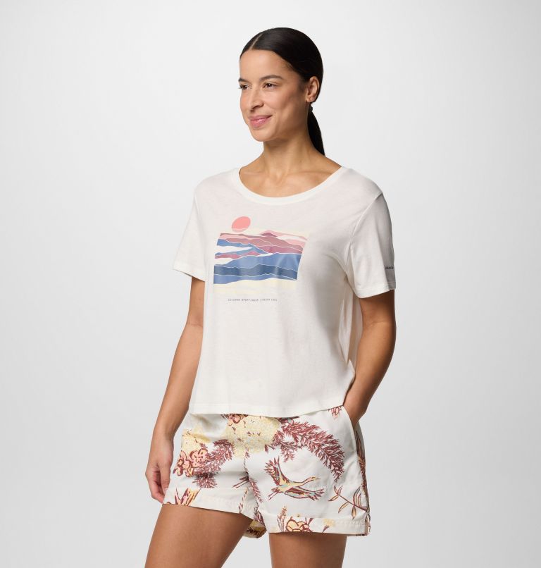 Women's Ruby Springs Graphic Scoop Neck Technical T-Shirt, Color: Sea Salt, Foggy Hillscape, image 3