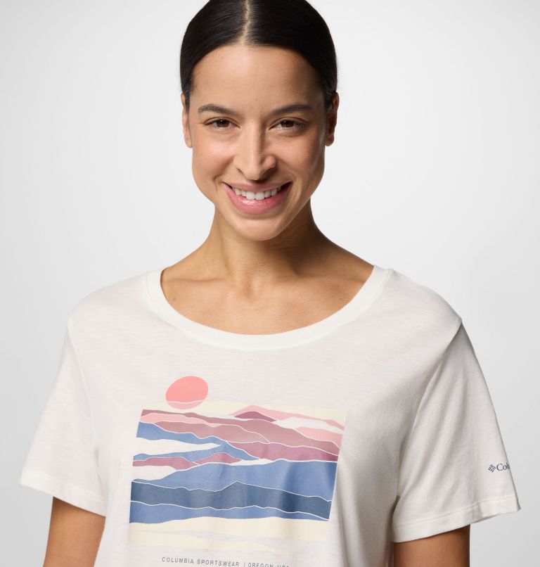 Women's Ruby Springs Graphic Scoop Neck Technical T-Shirt, Color: Sea Salt, Foggy Hillscape, image 4