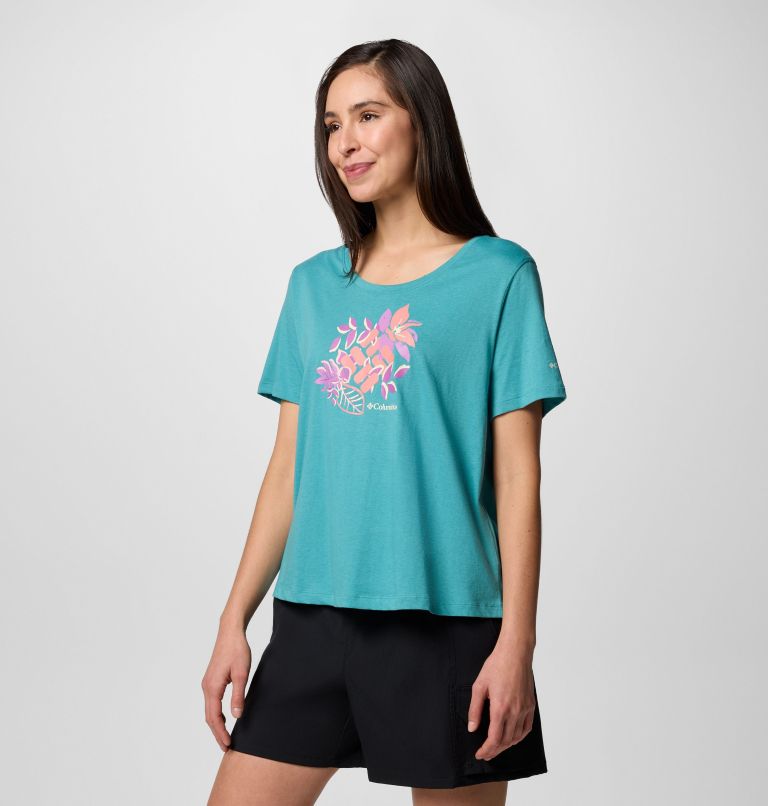 Women's Ruby Springs Graphic Scoop Neck Short Sleeve Shirt, Color: Teal, Botanical Gem, image 3