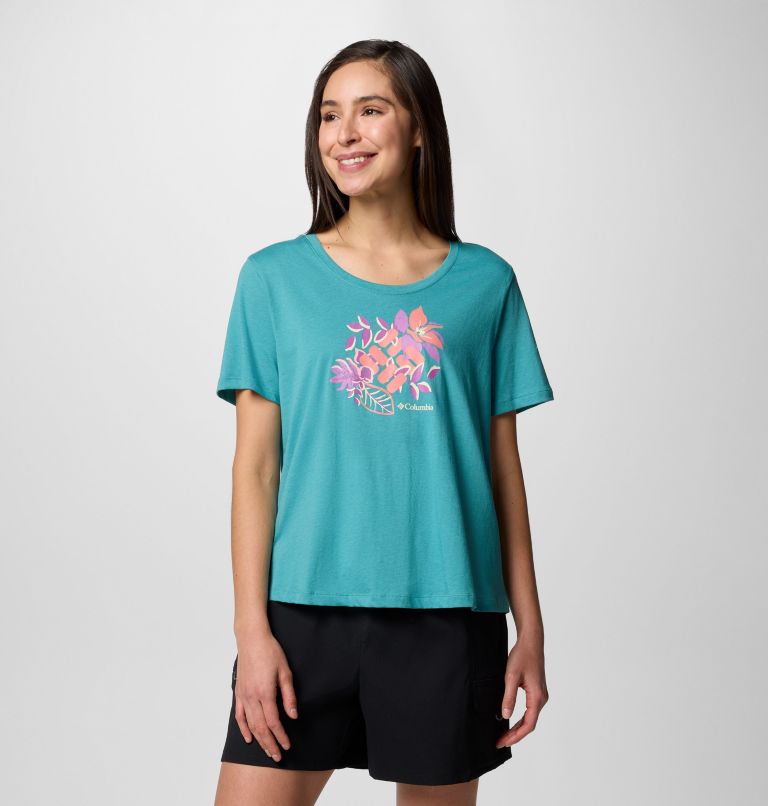 Women's Ruby Springs Graphic Scoop Neck Short Sleeve Shirt, Color: Teal, Botanical Gem, image 1