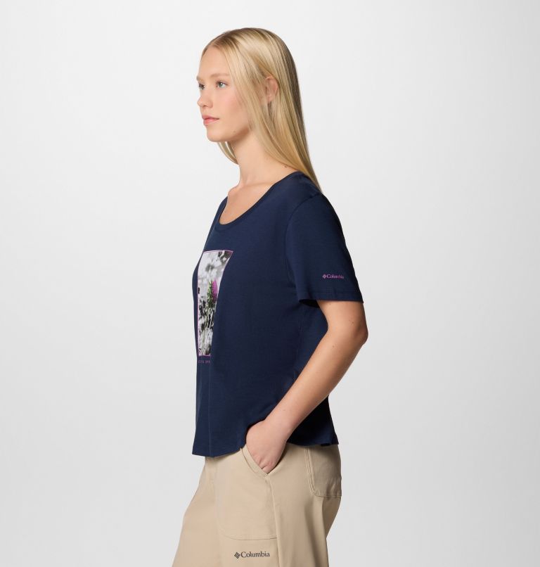 Women's Ruby Springs Graphic Scoop Neck Short Sleeve Shirt, Color: Collegiate Navy, Wanderlust Floral, image 3