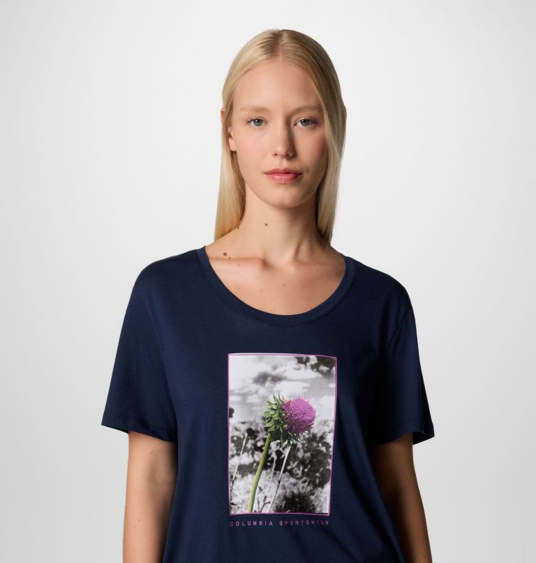 Women's Ruby Springs Graphic Scoop Neck Short Sleeve Shirt, Color: Collegiate Navy, Wanderlust Floral, image 4
