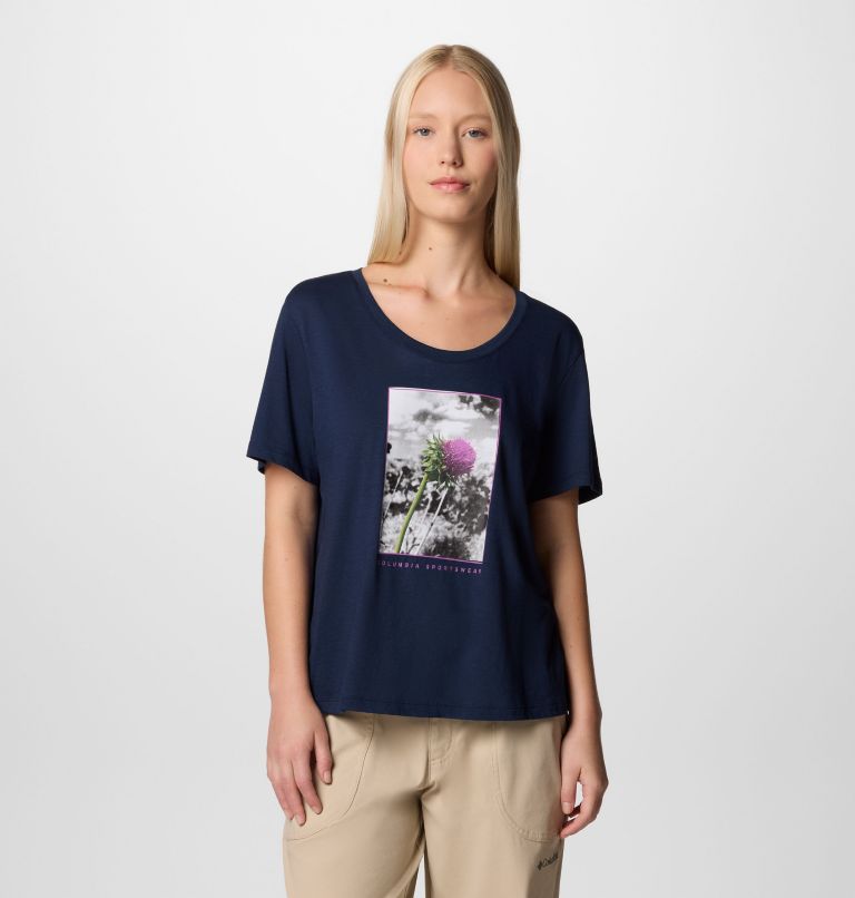 Women's Ruby Springs Graphic Scoop Neck Short Sleeve Shirt, Color: Collegiate Navy, Wanderlust Floral, image 1