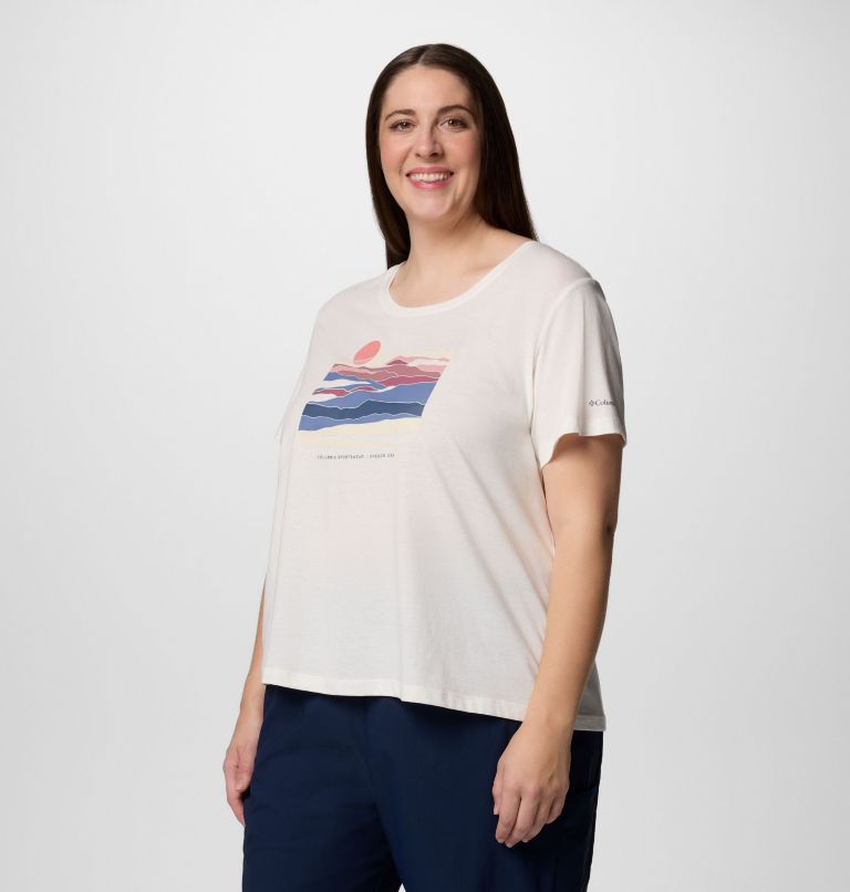 Women's Ruby Springs Graphic Scoop Neck Short Sleeve Shirt - Plus Size, Color: Sea Salt, Foggy Hillscape, image 3
