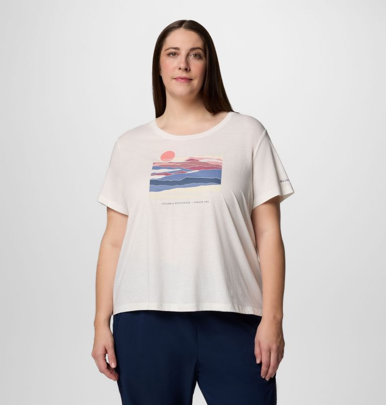 Women's Ruby Springs Graphic Scoop Neck Short Sleeve Shirt - Plus Size, Color: Sea Salt, Foggy Hillscape, image 1