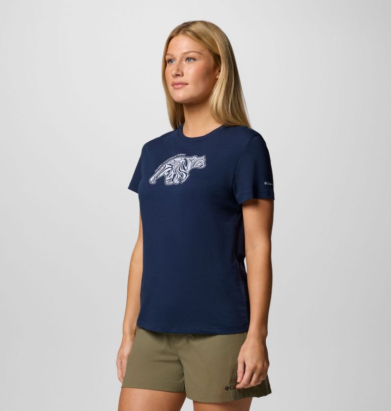 Women's Ruby Springs Graphic Fitted Technical T-Shirt, Color: Collegiate Navy, Bearly Swirl, image 3