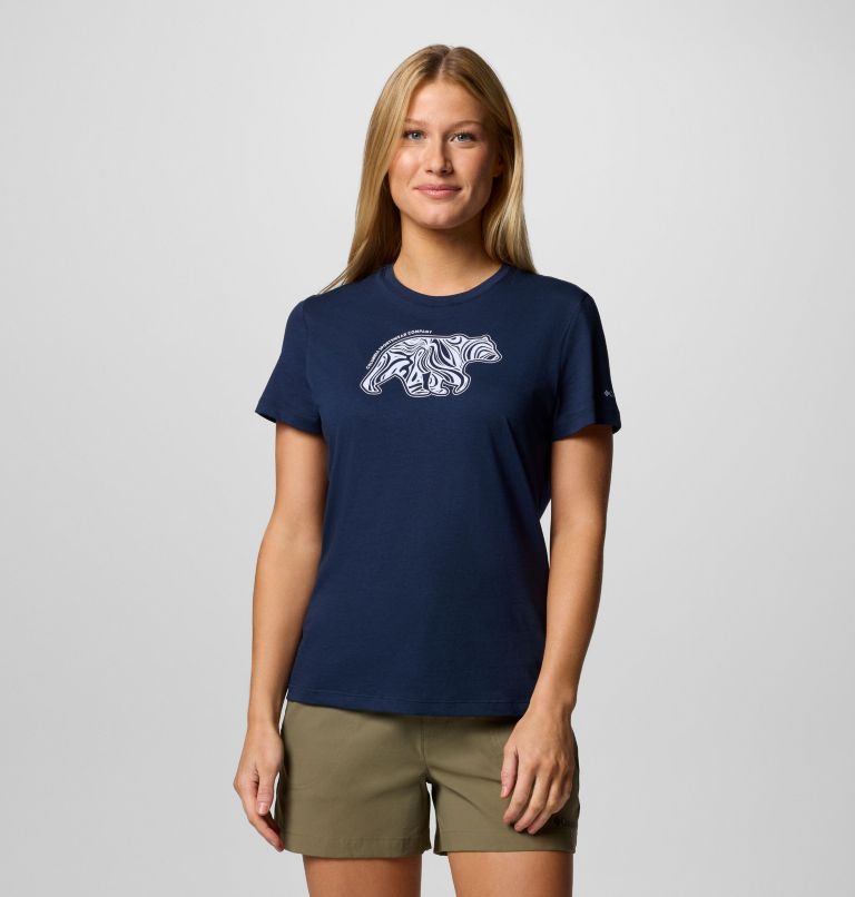 Women's Ruby Springs Graphic Fitted Technical T-Shirt, Color: Collegiate Navy, Bearly Swirl, image 1