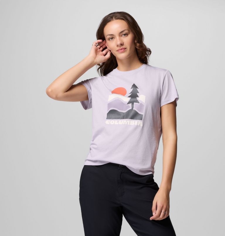 Women's Ruby Springs Graphic Fitted Short Sleeve Shirt, Color: Lavender Pearl, Get Hiked, image 5