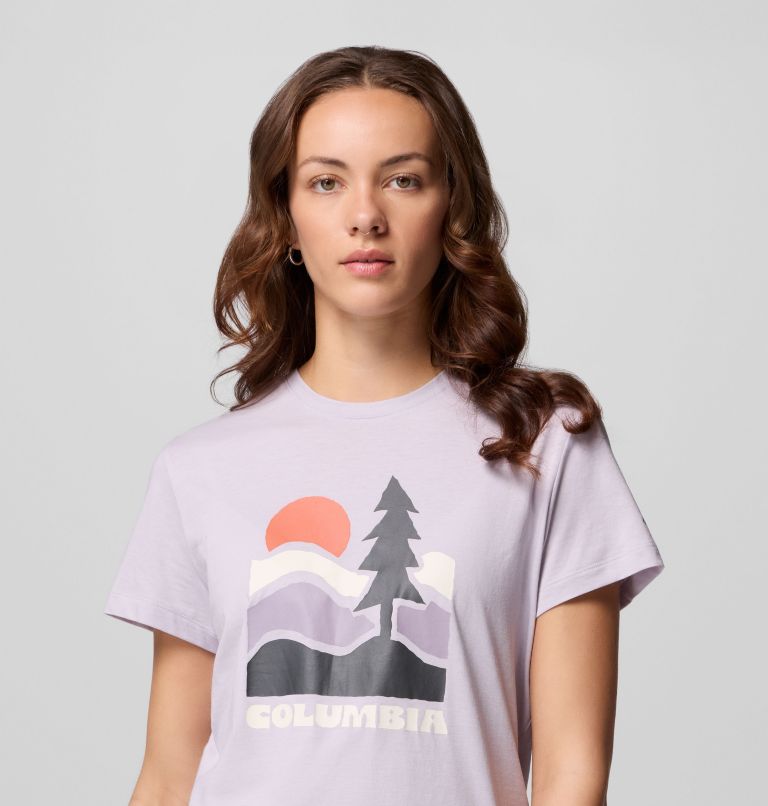 Women's Ruby Springs Graphic Fitted Short Sleeve Shirt, Color: Lavender Pearl, Get Hiked, image 6