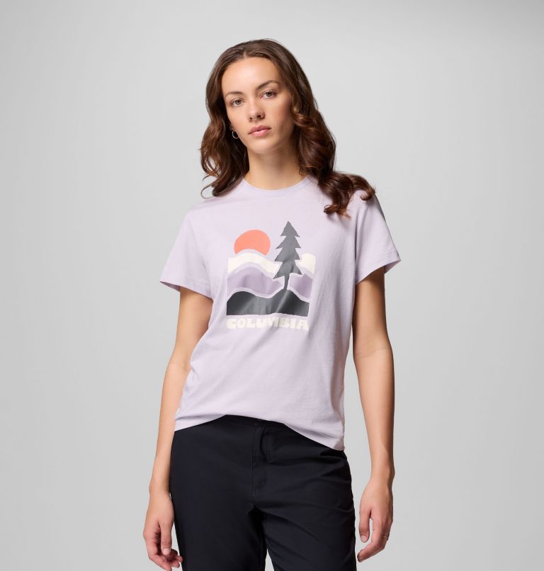 Women's Ruby Springs Graphic Fitted Short Sleeve Shirt, Color: Lavender Pearl, Get Hiked, image 1