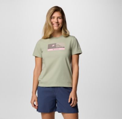 Women's Delta Drift Graphic Technical T-Shirt, Color: Safari, Linear Peakscape, image 5