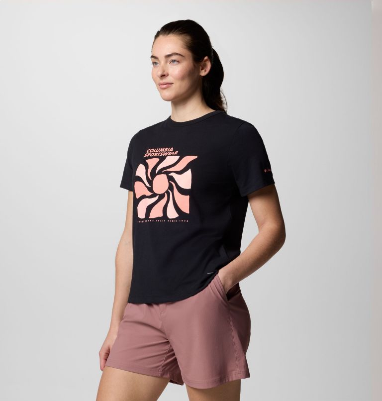 Women's Sun Trek Graphic Short Sleeve Shirt III, Color: Black, Wavy Rays, image 3