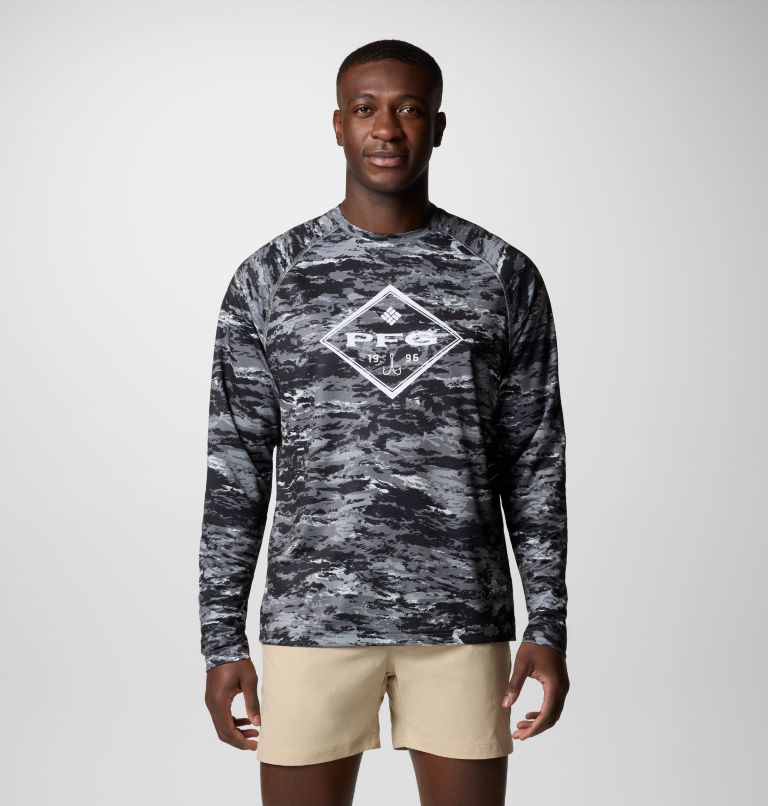 Men's PFG Super Solar Stream Graphic Long Sleeve Shirt, Color: Black Sumi Camo, image 1