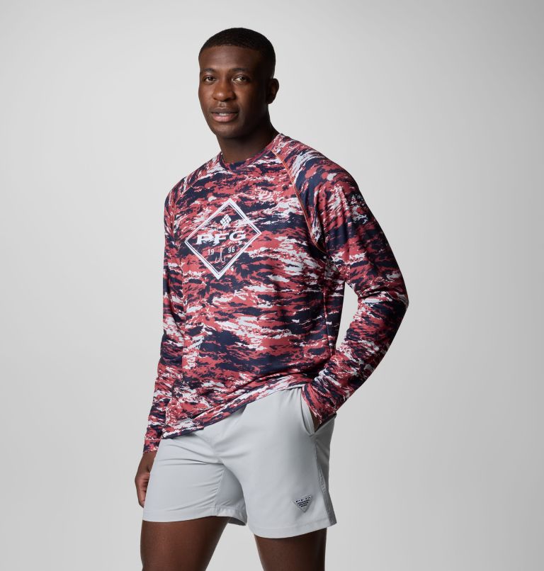Men's PFG Super Solar Stream Graphic Long Sleeve Shirt, Color: Dusty Crimson Sumi Camo, image 4
