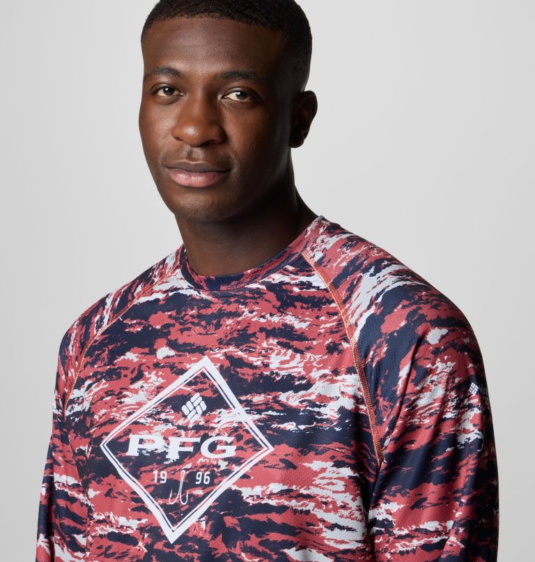 Men's PFG Super Solar Stream Graphic Long Sleeve Shirt, Color: Dusty Crimson Sumi Camo, image 5
