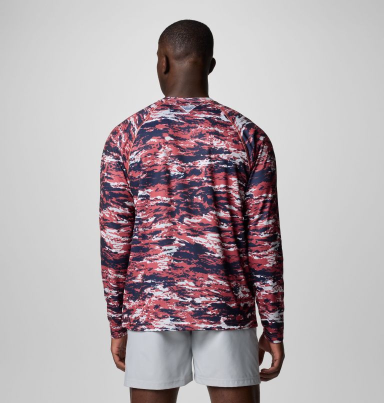 Men's PFG Super Solar Stream Graphic Long Sleeve Shirt, Color: Dusty Crimson Sumi Camo, image 3