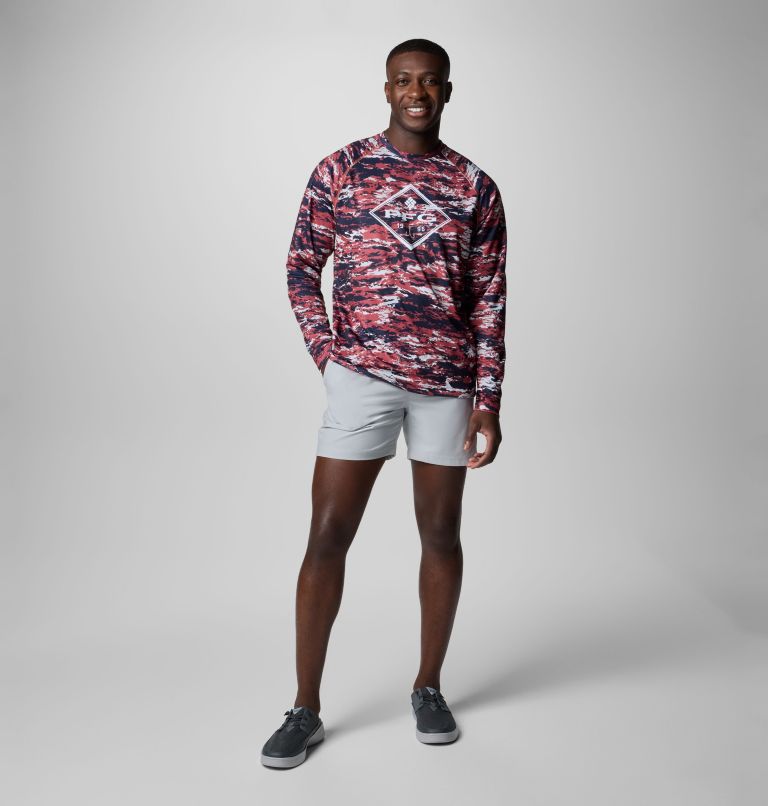 Men's PFG Super Solar Stream Graphic Long Sleeve Shirt, Color: Dusty Crimson Sumi Camo, image 2