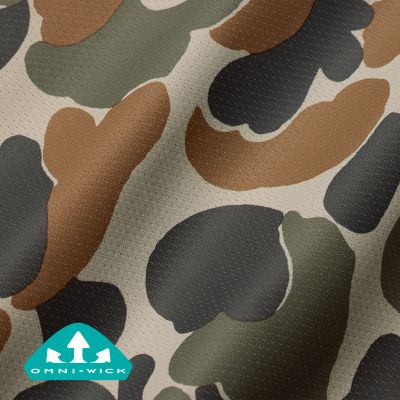 Close up of fabric with the Omni Wick logo in the bottom left and a graphic showing how moisture evaporates from the fabric's surface.
