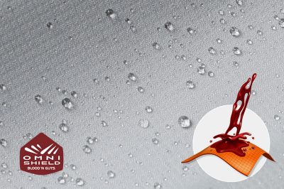 Close-up of fabric with the Omni Shield logo in the bottom left and a graphic showing how moisture beads on the fabric's surface.
