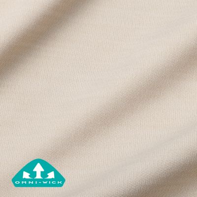 Close up of fabric with the Omni Wick logo in the bottom left and a graphic showing how moisture evaporates from the fabric's surface.