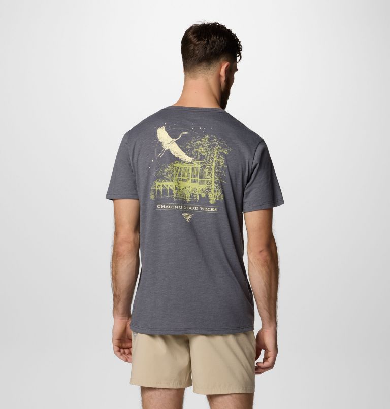 Men's PFG Uncharted Graphic Technical T-Shirt, Color: Shark Heather, PFG Swamp Shack, image 1